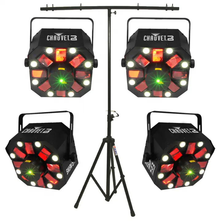 Chauvet (4) Swarm 5 FX LED Rotating Derby Fixture Package with T-Bar Light Stand