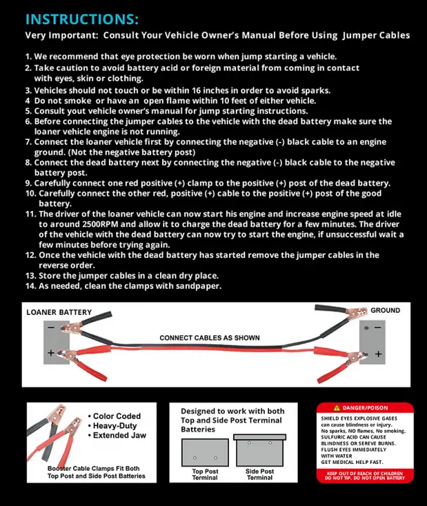 Harmony Audio HAJC4 High Quality 6 Gauge 16 Foot Jumper Booster Cables