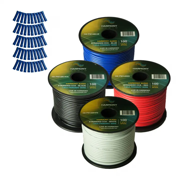 Harmony Audio Primary Single Conductor 14 Gauge Power or Ground Wire - 4 Rolls - 400 Feet - 4 Color Mix for Car Audio / Trailer / Model Train / Remote