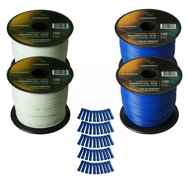 Harmony Audio Primary Single Conductor 16 Gauge Power or Ground Wire - 4 Rolls - 400 Feet - White & Blue for Car Audio / Trailer / Model Train / Remote