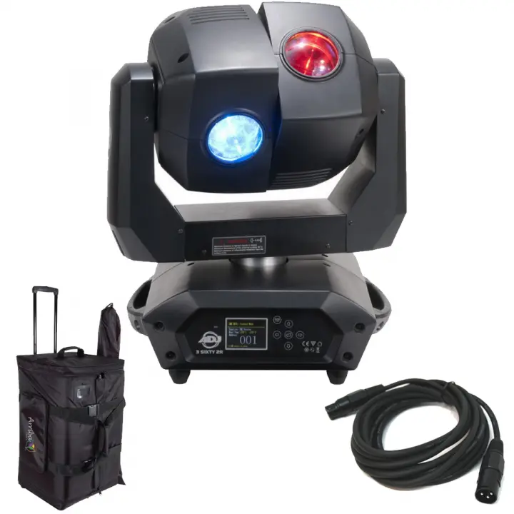 American DJ 3 Sixty 2R Dual Moving Head Light with DMX Cable & Arriba Rolling Bag