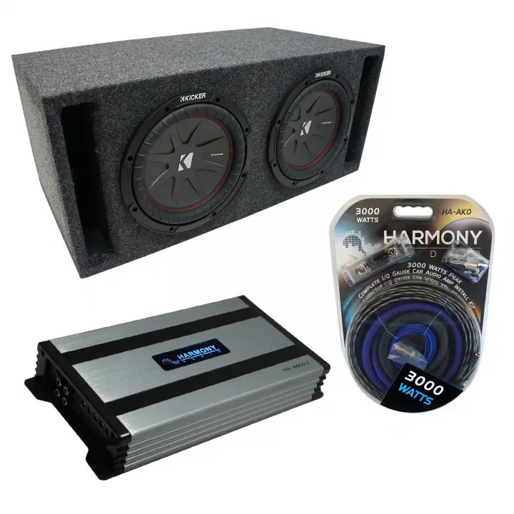 Universal Car Stereo Slotted S Port Dual 8" Kicker CompR CWR8 Sub Box Enclosure & Harmony HA-A800.1 Amp