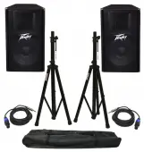 (2) Peavey PV115 Pro Audio DJ 15" 2-Way 400W Passive Loud Speakers with Stands & 1/4" to Speakon Cables