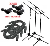 (3) Pro Audio DJ Tripod Adjustable Height Boom Mic Microphone Stands W/ XLR Cables & Free Mic...