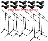 (10) Pro Audio DJ Tripod Adjustable Height Boom Mic Microphone Stands & (10) Free Mic Mounts