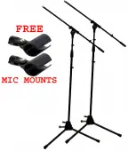 (2) Pro Audio DJ Tripod Adjustable Height Boom Mic Microphone Stands & (2) Free Mic Mounts