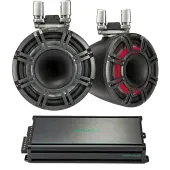 Kicker 44KMTC11 Charcoal 11" Speaker Boat Tower Horn Pair & 45KMA4506 Marine Amp