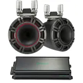 Kicker 44KMTC9 Charcoal 9" Speaker Boat Tower Horn Pair & 45KMA4506 Marine Amp
