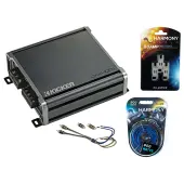 Kicker 46CXA4001 Class D Amp Mono 800W Peak Sub Amplifier, Kicker 46KISL Car Audio Amp Speaker Wire to 2-Channel RCA Adapter and HA-AK8 Gauge 900W Amp Install Kit