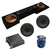 Kicker 48CWR102 10 inch CompR 2 Ohm Dual Voice Coil Subwoofer with Kicker 46CXA8001 Car Audio Class D Amp Mono 1600W Peak Sub Amplifier CXA800.1 and ASC DTB-2X10-QUAD-UP Dual 10" Subwoofer Box