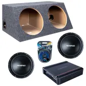 Memphis Audio fits Universal Slanted Hatchback SRX1240 Dual 12" Subwoofer 500W Loaded Sealed Sub Box Enclosure Bundle | SRX500D.1 500W Amplifier, 8GA Amp Wiring Kit