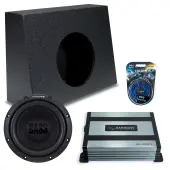Universal Regular Standard Truck Sealed Single Alpine 10" W10S4 Loaded Subwoofer Stereo Sub Box Enclosure Rhino Coated Car Audio Bundle 250W RMS, HA-A400.1 Amplifier & 8GA Amp Kit