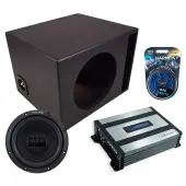 Universal Single Vented Alpine 12" W12S4 Loaded Subwoofer Stereo Sub Box Enclosure Rhino Coated Car Audio Bundle 250W RMS, HA-A400.1 Amplifier & 8GA Amp Kit