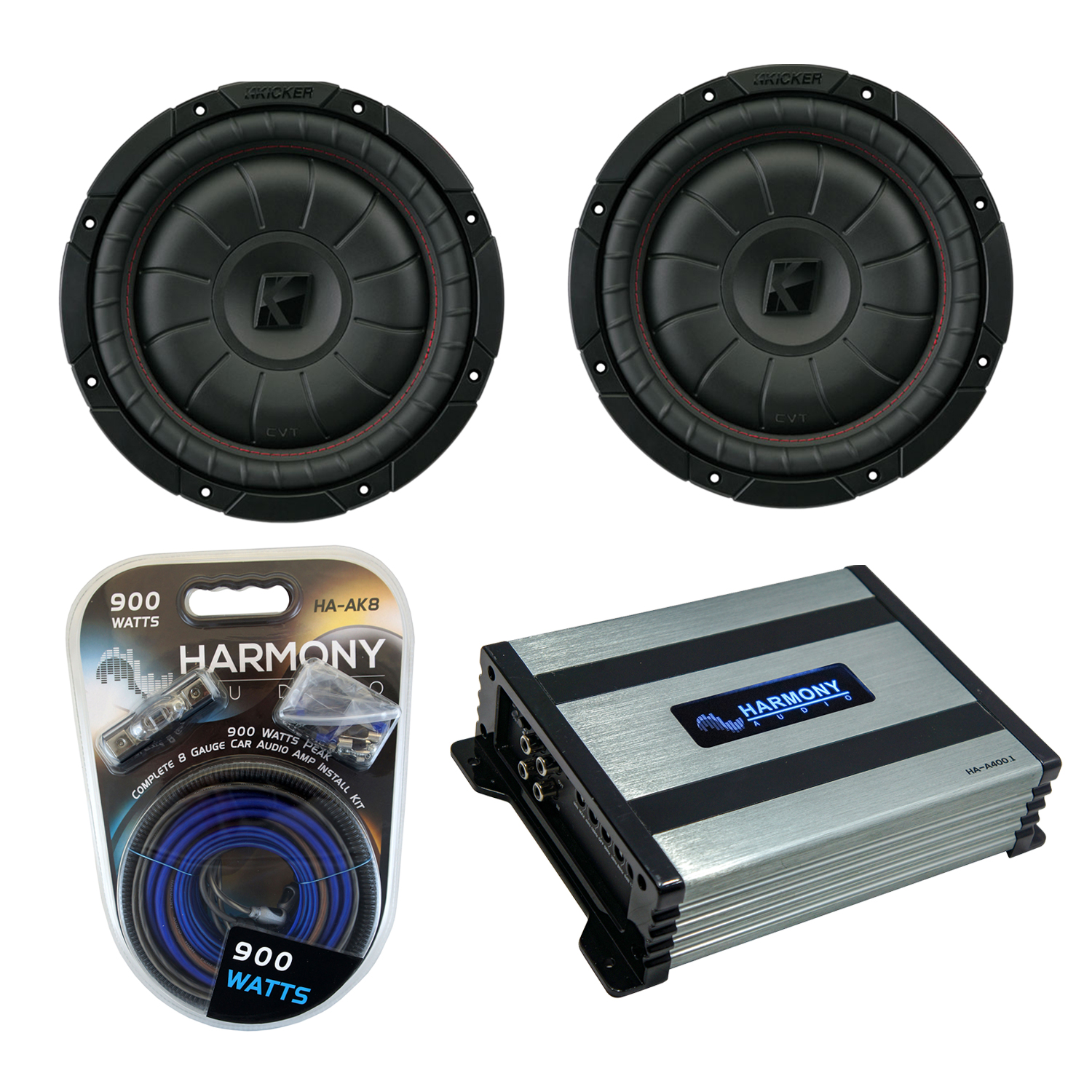 Kicker (2) 43CVT104 10" Sub CompVT CVT10 400 Watt RMS Subwoofer Bundle