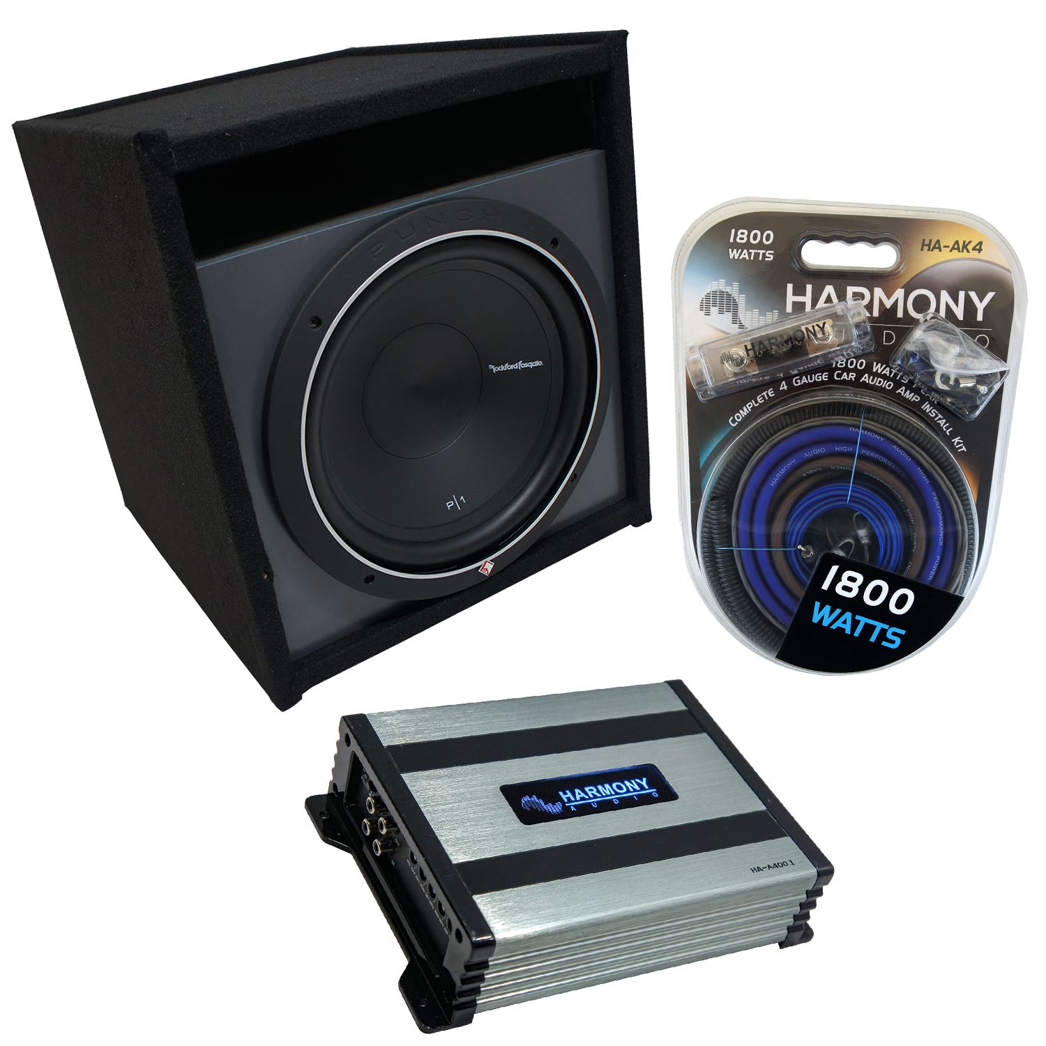 Universal Car Stereo Paintable Ported 12 Kicker Bundle Comp C12 Sub Box Enclosure & Harmony HA-A400.1 Amp 