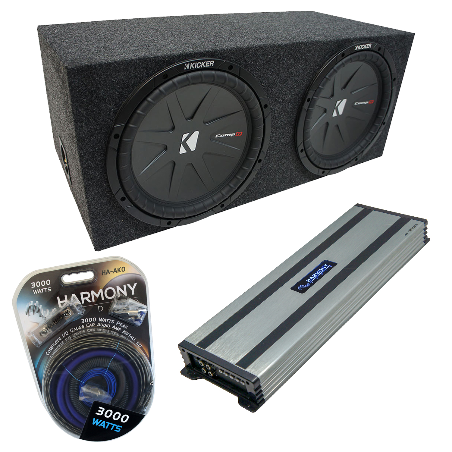 Universal Car Stereo Rearfire Sealed Dual 12" Kicker CompR CWR12 Sub Box Enclosure & Harmony HA