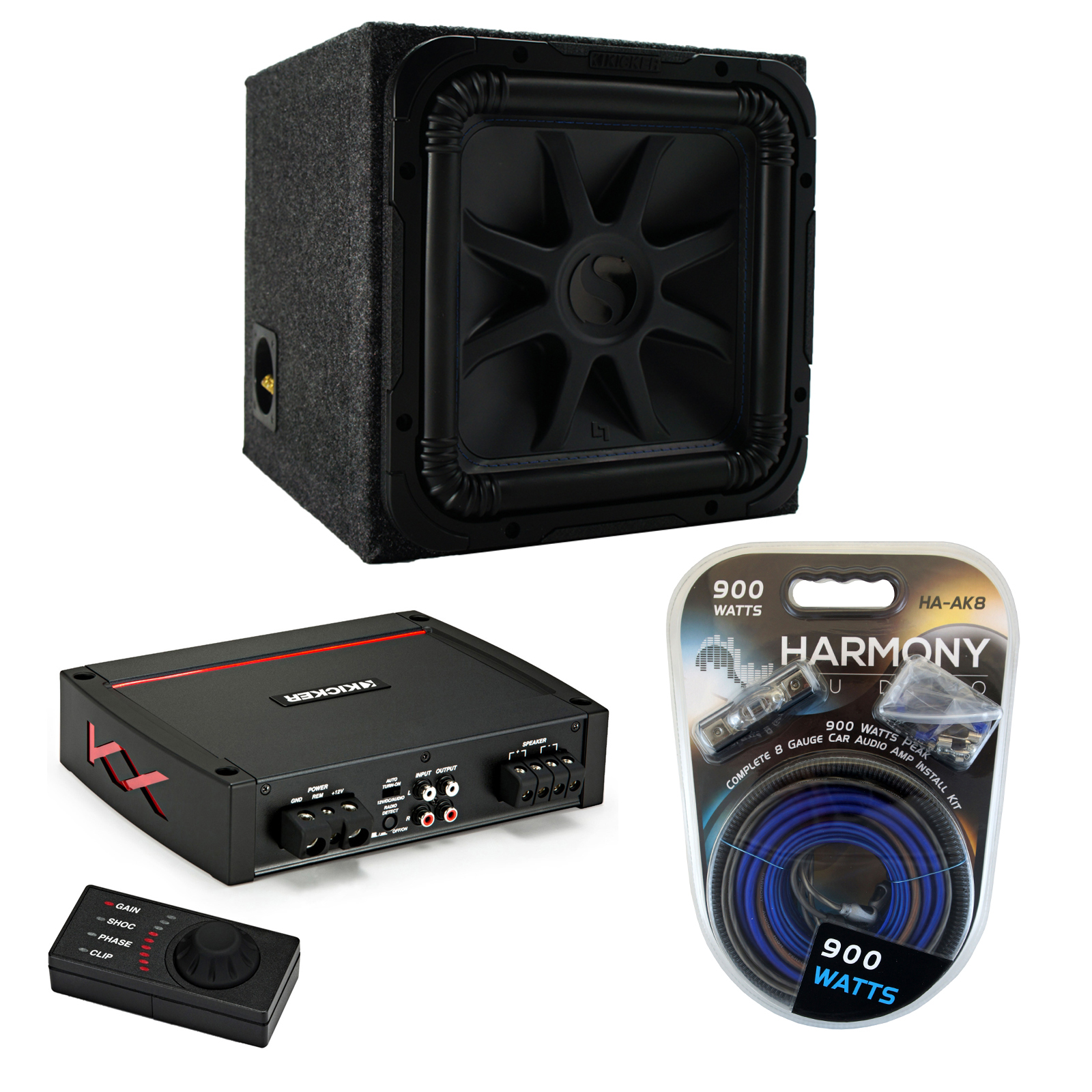 Kicker Car Audio Solobaric 15" Loaded Sub Box Bundle with Kicker Class D Sub Amplifier & Install kit