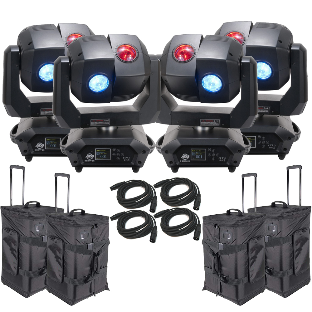 American DJ 3 Sixty 4R Dual Moving Head Lights (4) with DMX Cables (4) & Arriba Rolling Bags (4)