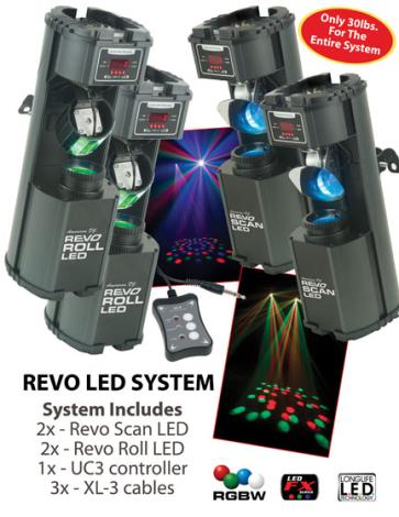 American DJ REVO LED SYS Revo Scan LED Lighting Effect Package Includes (2x Revo Scan LED 2x Revo Roll LED 1x UC-3 3x MC-10)