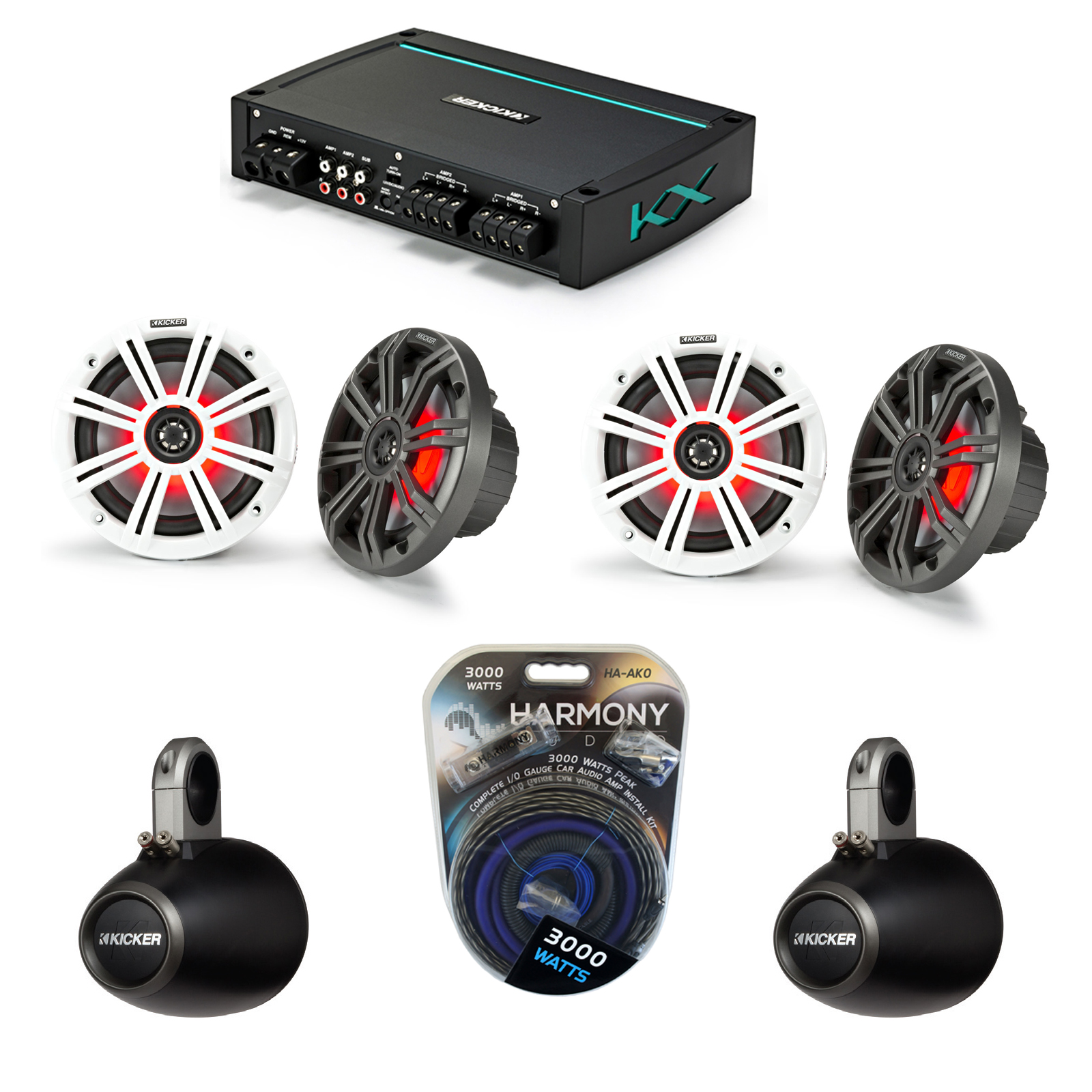 Kicker Marine Audio 4Ch Speaker Boat Amp w/ 6.5" 4Ohm 7 Color LED