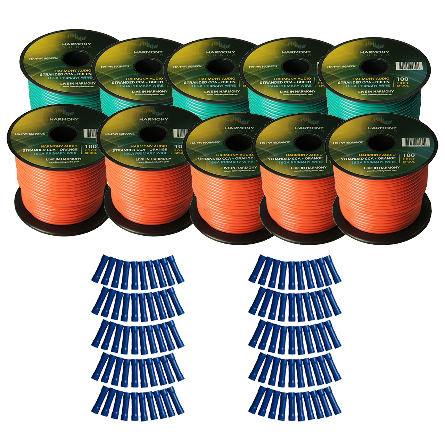 Harmony Audio Primary Single Conductor 16 Gauge Power or Ground Wire - 10 Rolls - 1000 Feet - Green & Orange for Car Audio / Trailer / Model Train / Remote