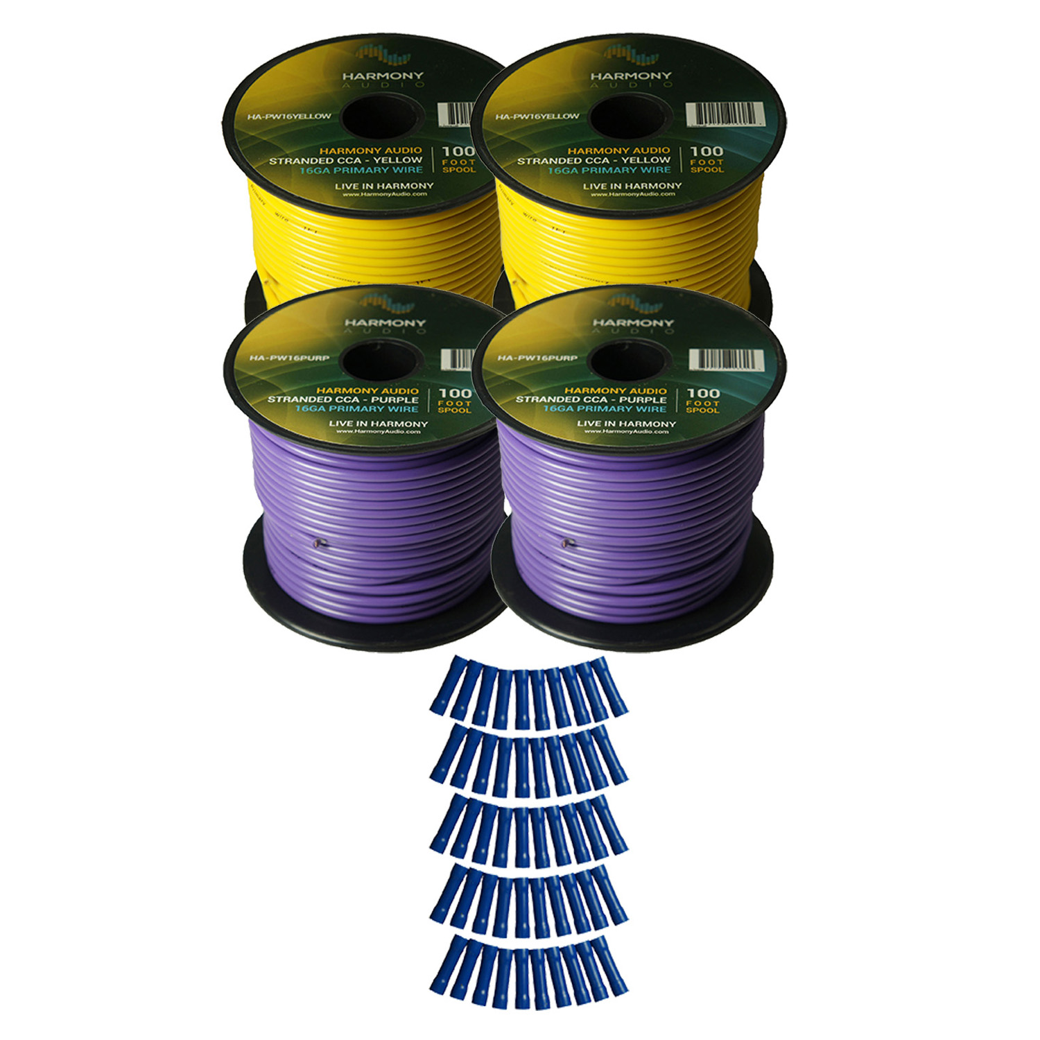 Harmony Audio Primary Single Conductor 16 Gauge Power or Ground Wire - 4 Rolls - 400 Feet - Yellow & Purple for Car Audio / Trailer / Model Train / Remote